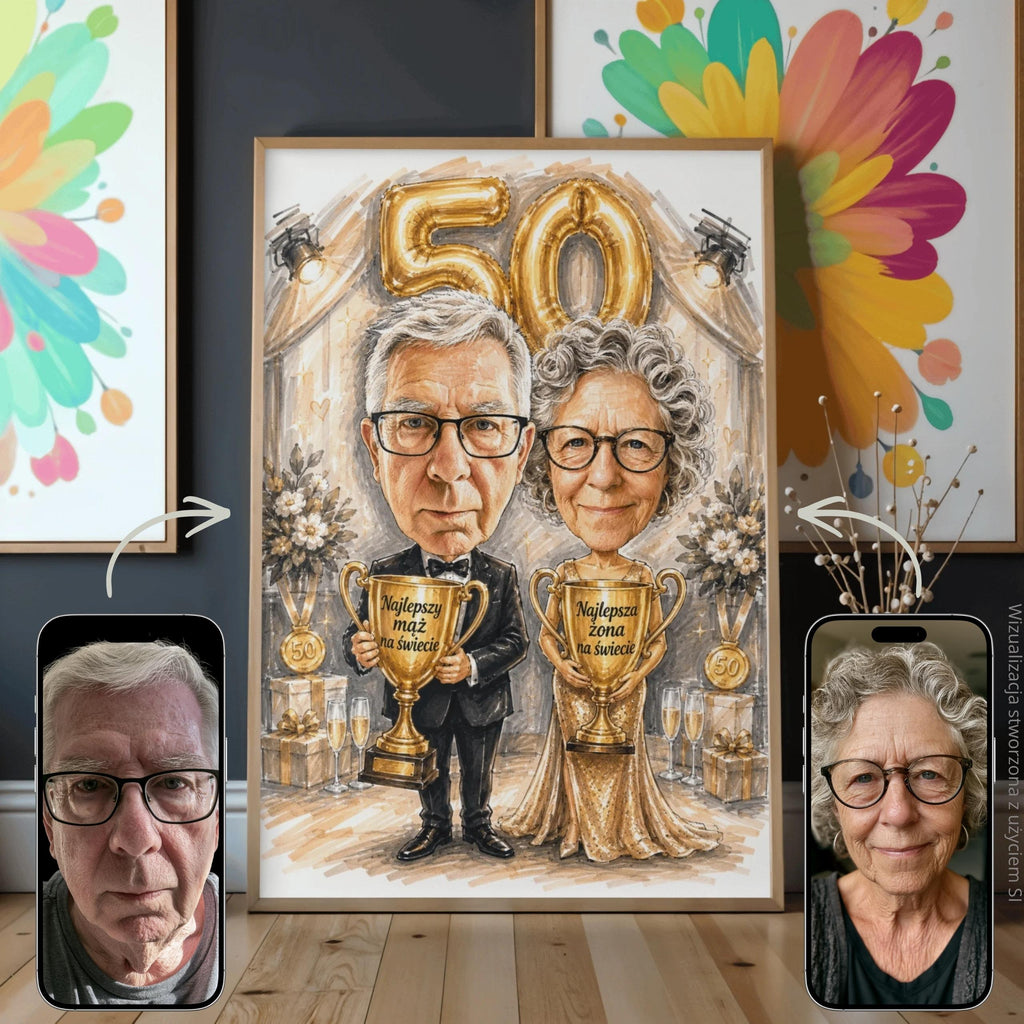 Mistrzowskie małżeństwo – karykatura ze zdjęcia na rocznicę ślubu