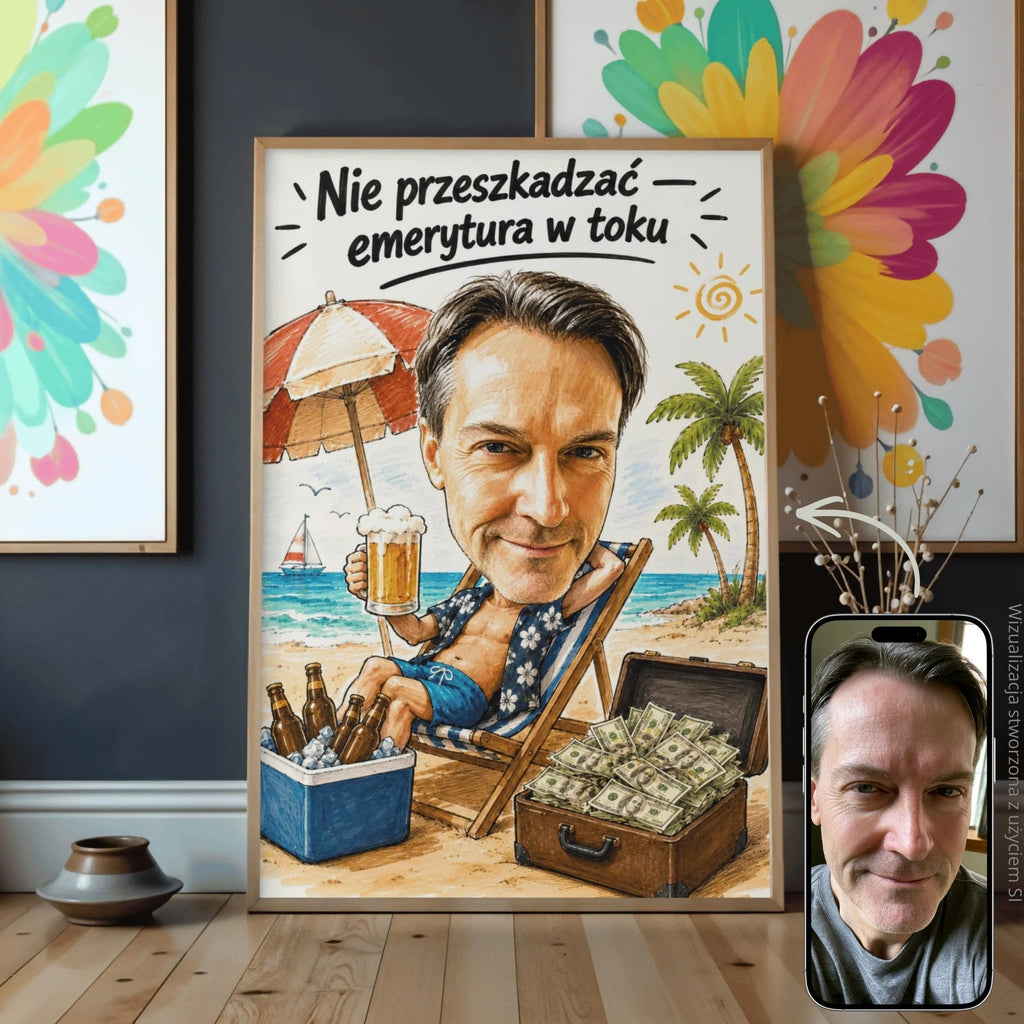 Leżak pełen wolności – karykatura ze zdjęcia na emeryturę