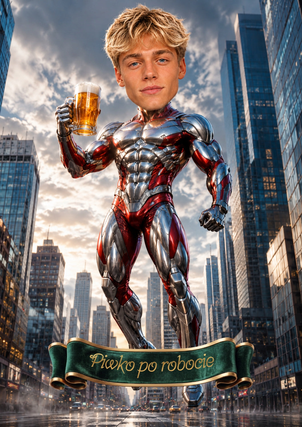 Mechaniczny Superbohater z piwem - karykatura ze zdjęcia na prezent