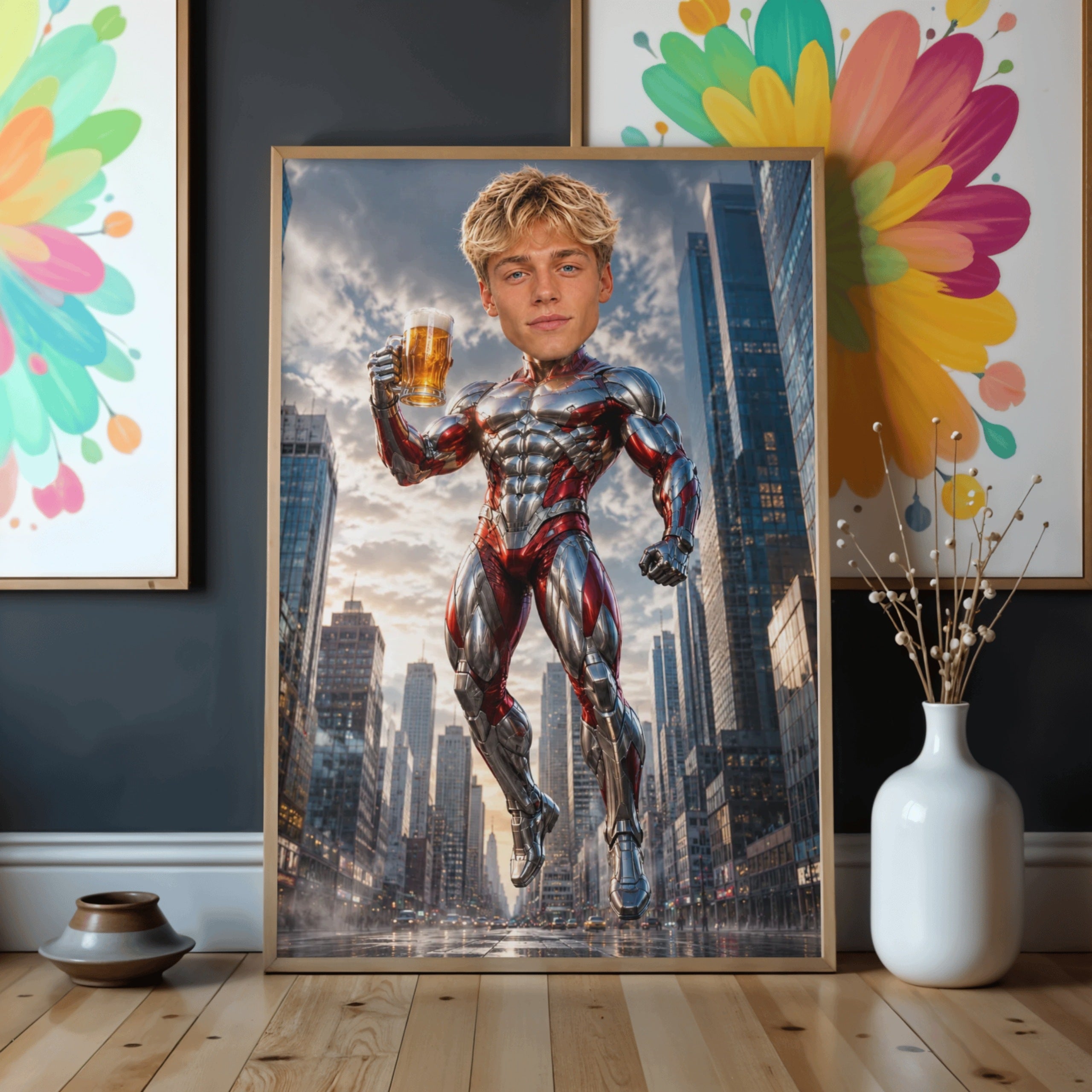 Mechaniczny Superbohater z piwem - karykatura ze zdjęcia na prezent