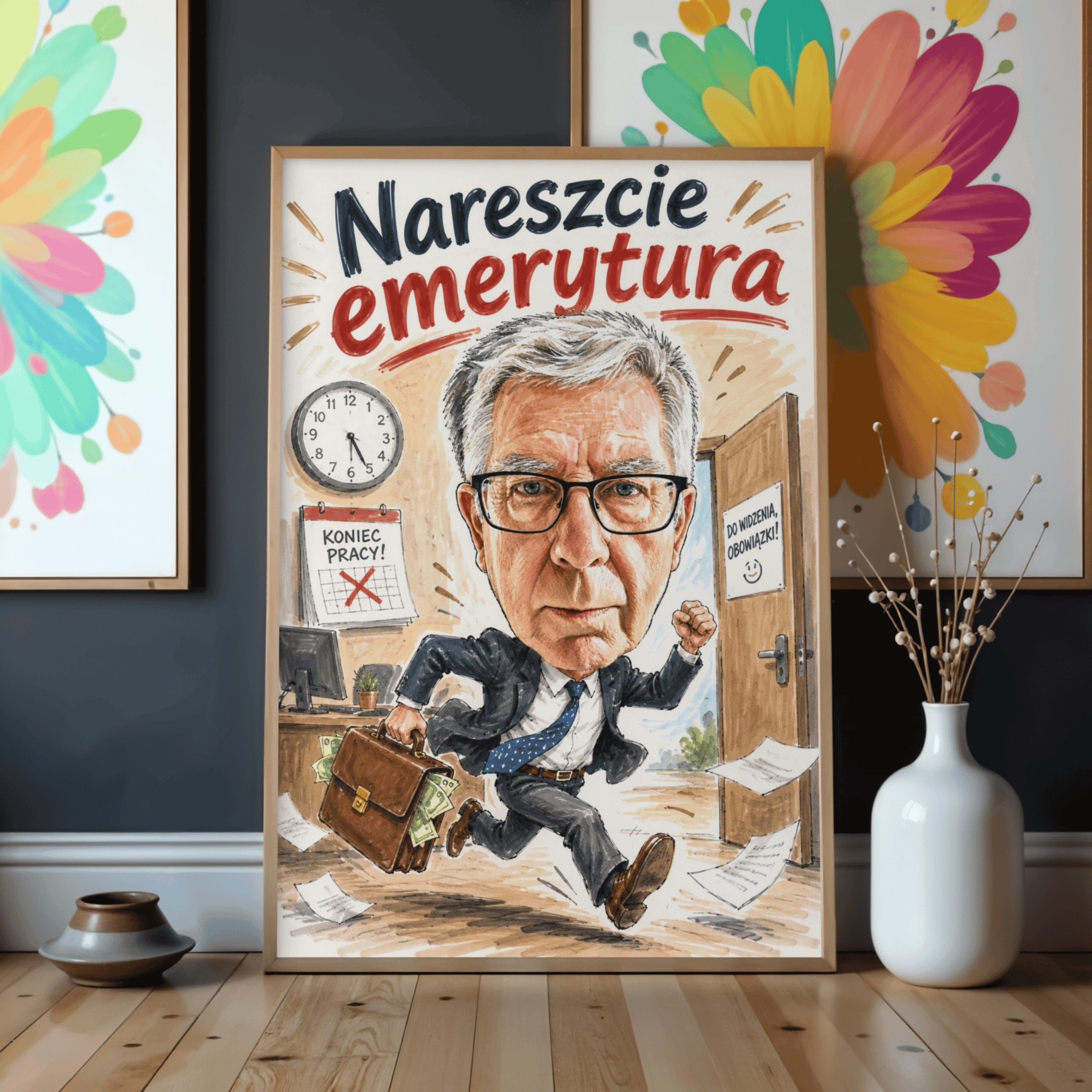 Ucieczka z biura – karykatura ze zdjęcia na emeryturę