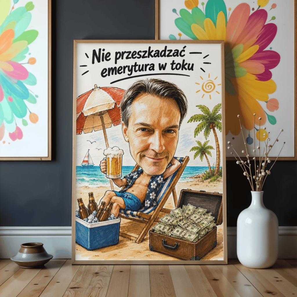 Leżak pełen wolności – karykatura ze zdjęcia na emeryturę